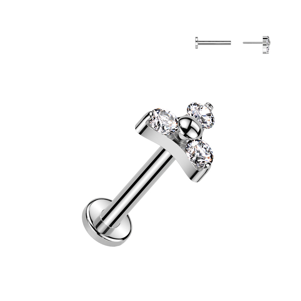 16G Titanium (Threadless) Labret W/ CZ Trinity Top For Ear Piercings